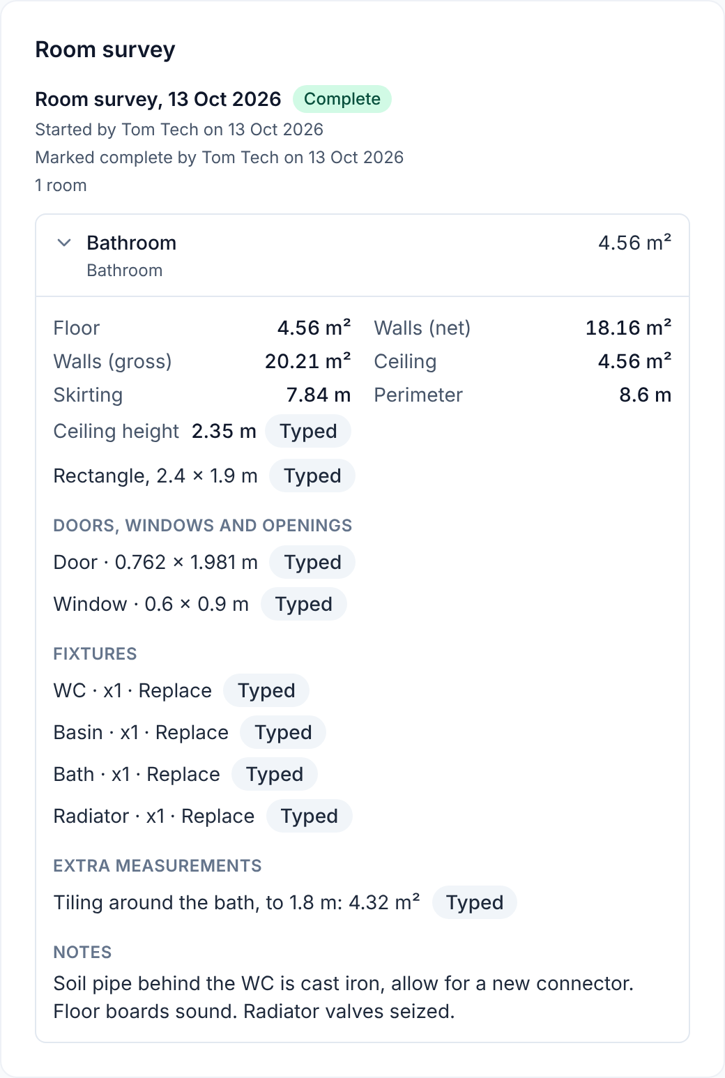 The Room survey card on a Field Forge job: one bathroom with its floor, wall, ceiling, skirting and perimeter figures, doors, windows, fixtures and notes.